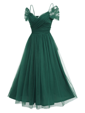 Grün 1950er Spaghetti Träger Schulterfrei Masche Kleid