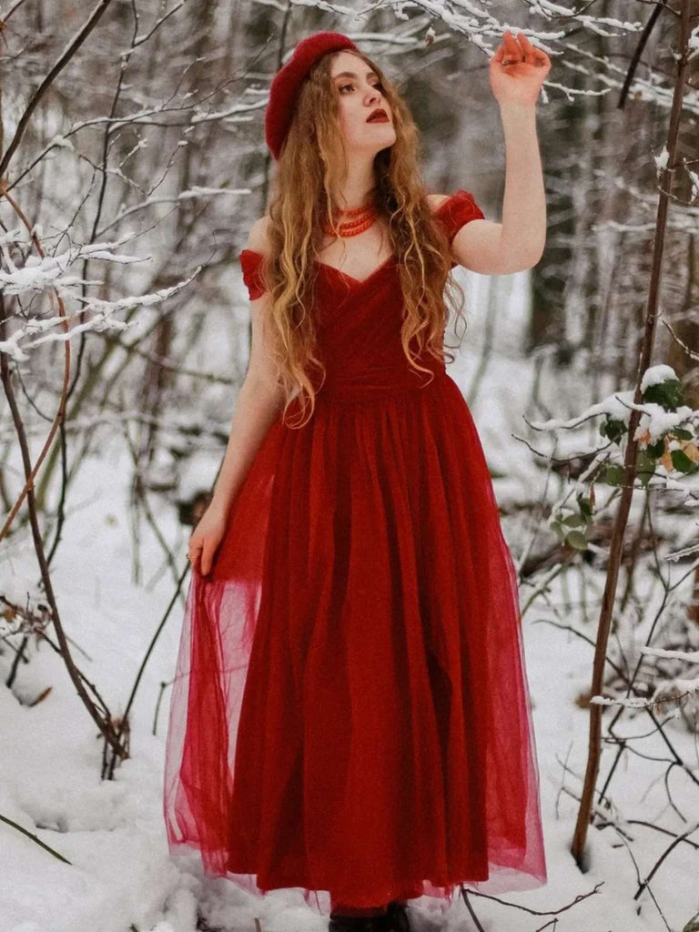 Rot 1950er Spaghetti Träger Schulterfrei Masche Kleid