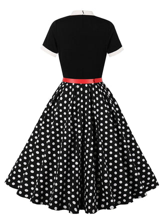 Schwarz 1950er Krawattenhals Polka Dots Gürtel Kleid
