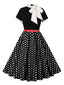 Schwarz 1950er Krawattenhals Polka Dots Gürtel Kleid