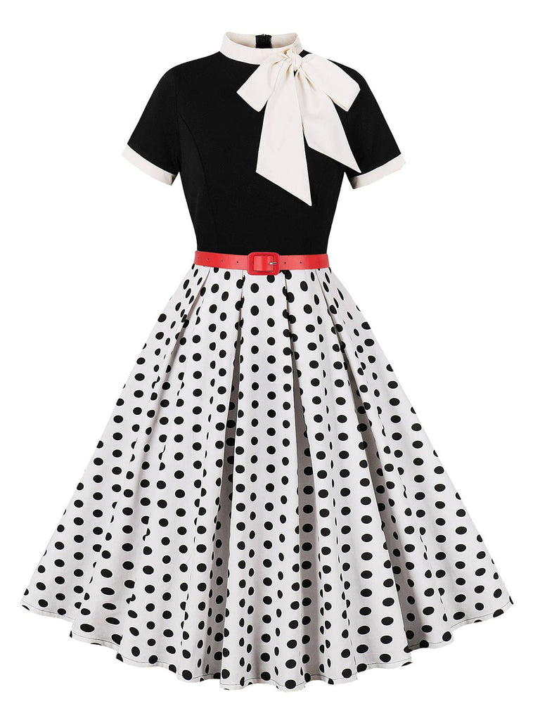 1950er Krawattenhals Polka Dots Gürtel Kleid