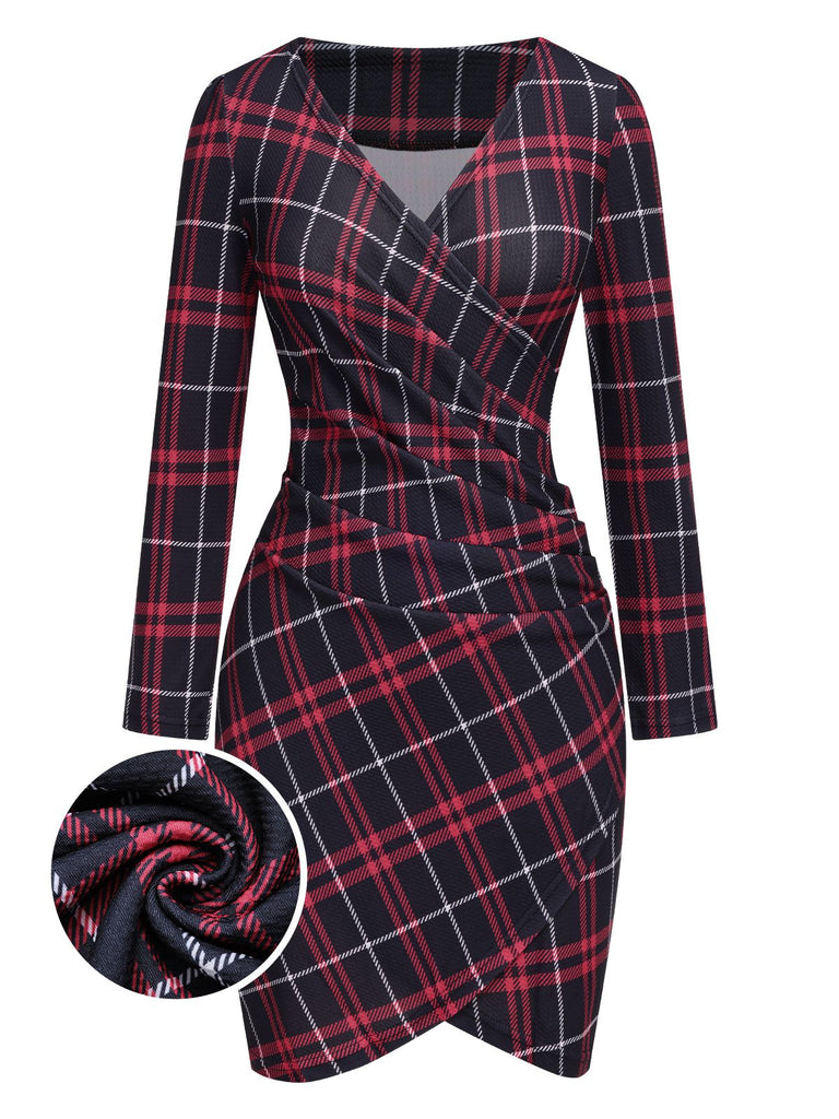 1960er V-Ausschnitt Tartan Plaids Wickelkleid