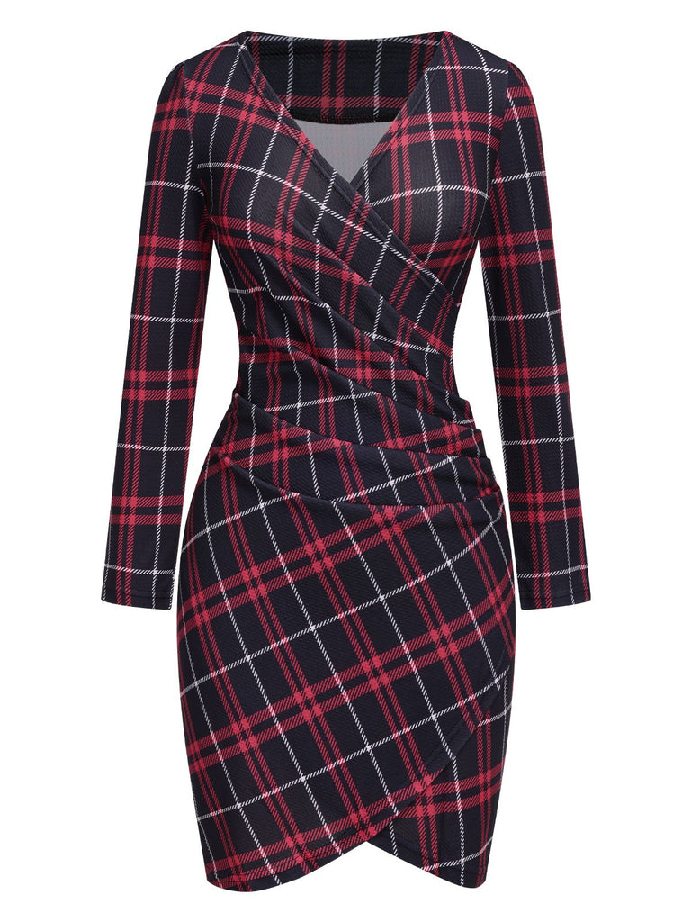 1960er V-Ausschnitt Tartan Plaids Wickelkleid