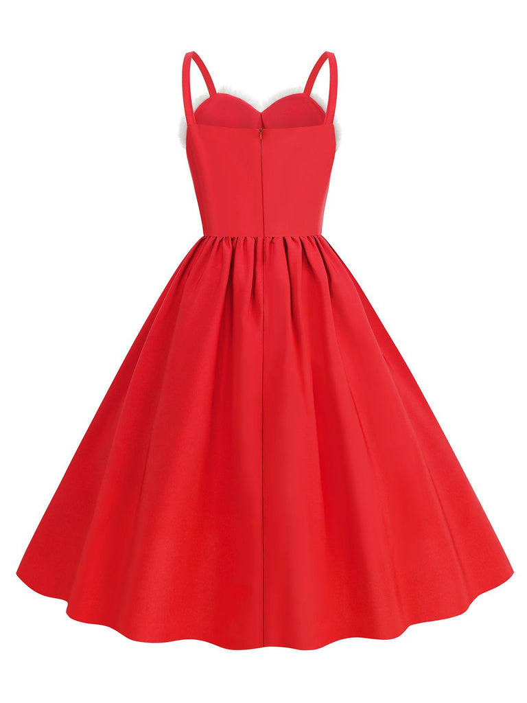 1950er Solide Weihnachten Pelzkragen Kleid