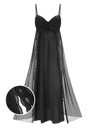 Schwarz 1950er Spaghetti Träger Spitze Netz Nachthemd