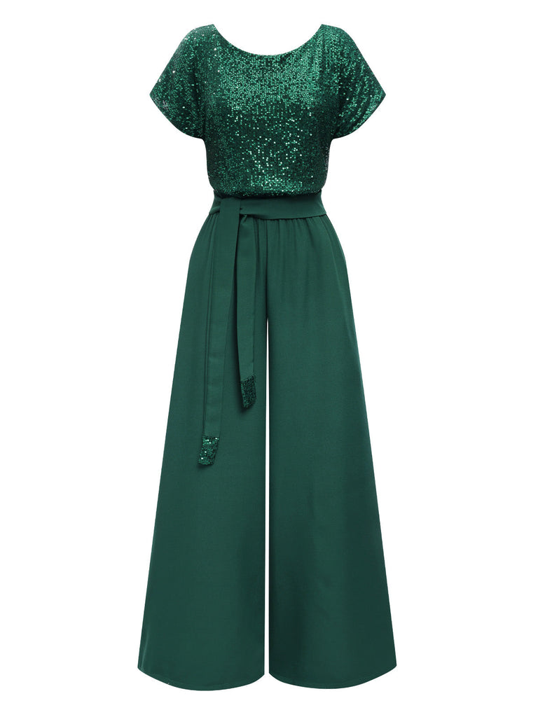 Grün 1960er Pailletten Weites-Bein Jumpsuit