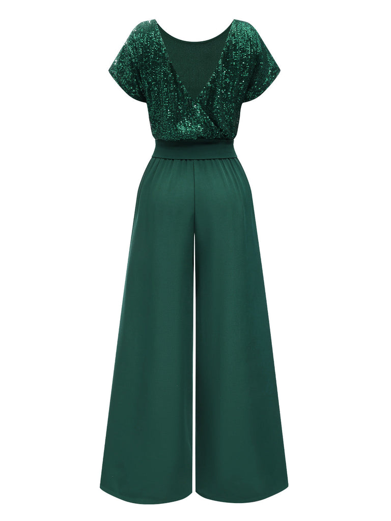 Grün 1960er Pailletten Weites-Bein Jumpsuit