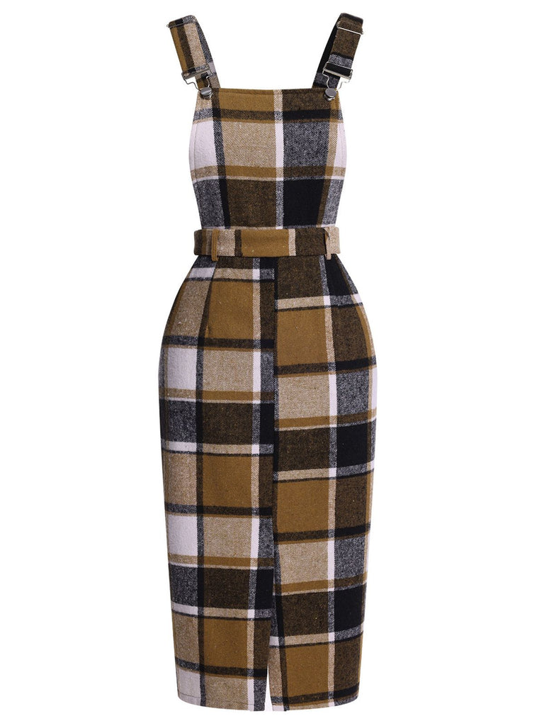 Khaki 1960er Classic Plaid Träger Kleid