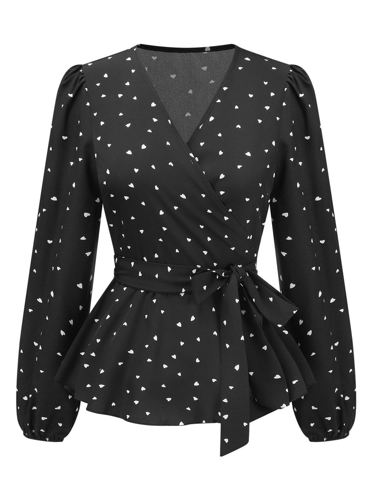 Schwarz 1960er Herze Dots V-Ausschnitt Gürtel Bluse