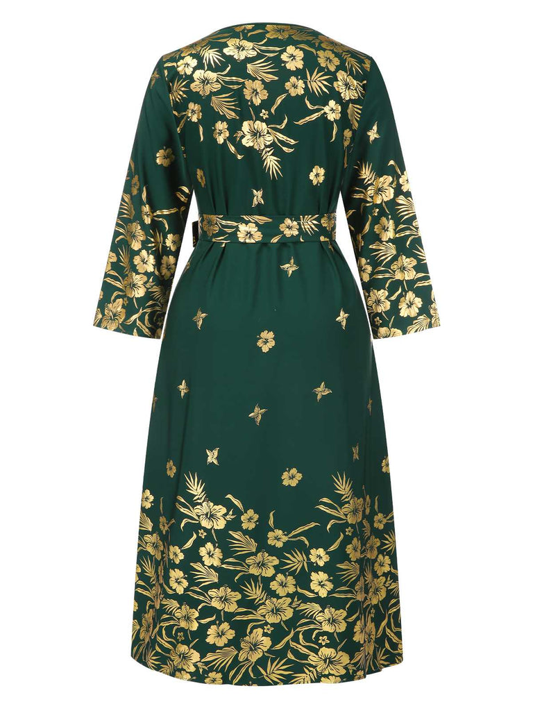 [Übergröße] Grün 1940er Vergoldet Blumen Gürtel Kleid