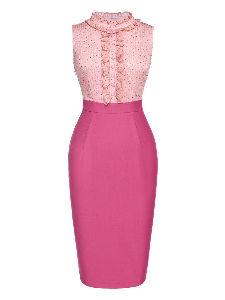 [Vorverkauf] Rosa 1960er Dots Rüschen Stehkragen Kleid