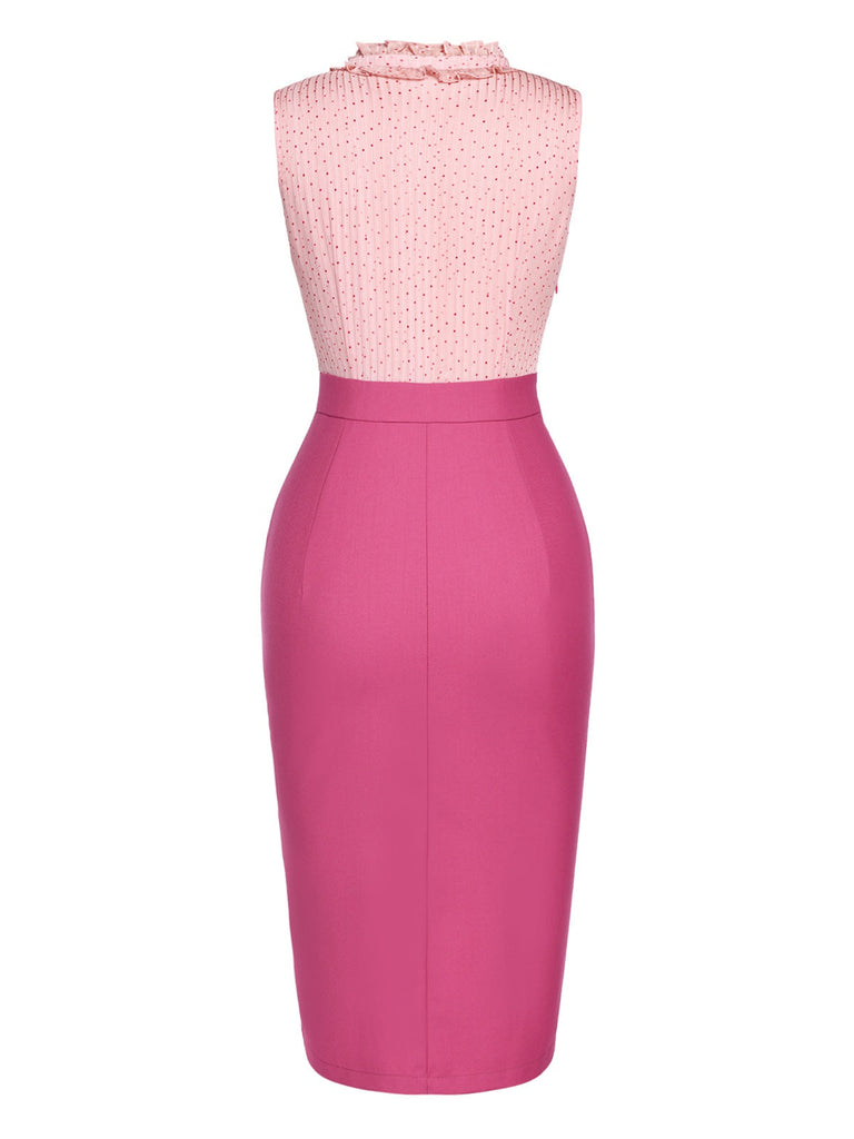 [Vorverkauf] Rosa 1960er Dots Rüschen Stehkragen Kleid