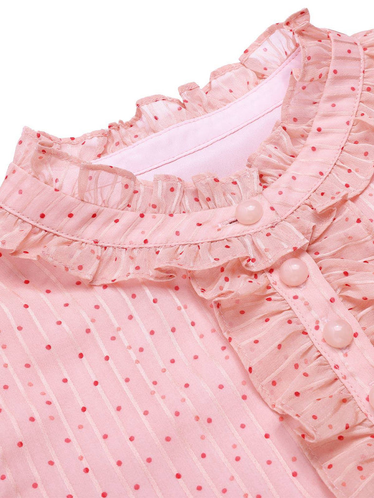 [Vorverkauf] Rosa 1960er Dots Rüschen Stehkragen Kleid