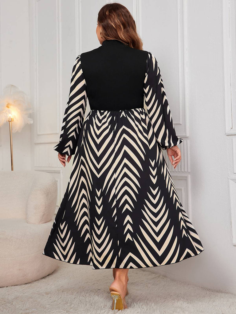 [Übergröße] Schwarz 1950er Geometrischer Patchwork Kleid
