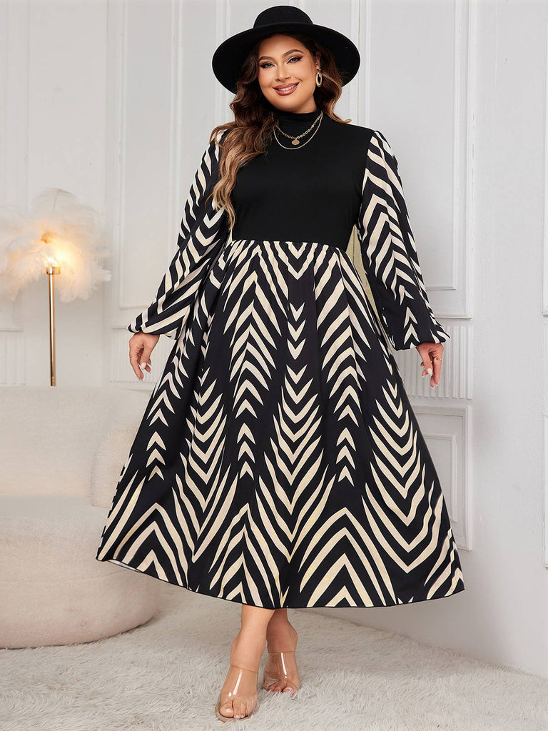 [Übergröße] Schwarz 1950er Geometrischer Patchwork Kleid