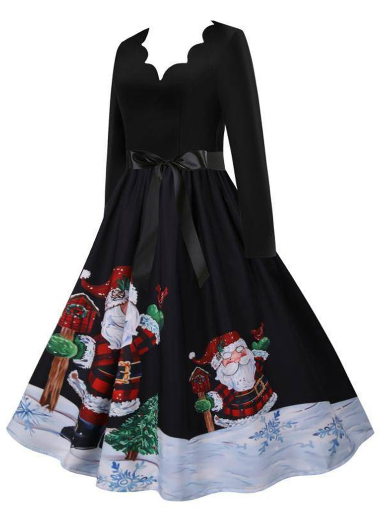 Schwarz 1950er Gewellter Hals Weihnachten Santa Gürtel Kleid