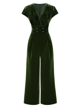 Grün 1930er V-Ausschnitt Samt Solide Jumpsuit