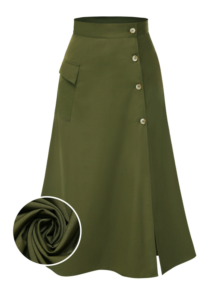 Olive Grün 1940er Knöpfen Schlitz Rock