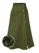 Olive Grün 1940er Knöpfen Schlitz Rock