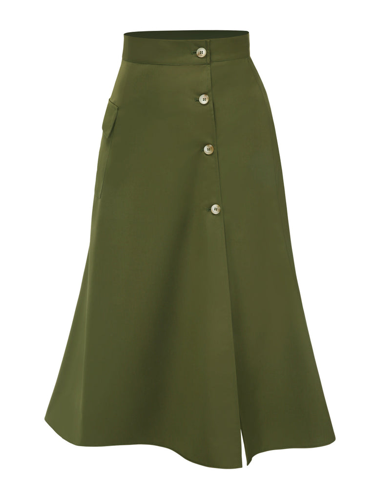 Olive Grün 1940er Knöpfen Schlitz Rock