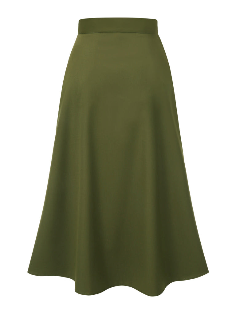 Olive Grün 1940er Knöpfen Schlitz Rock