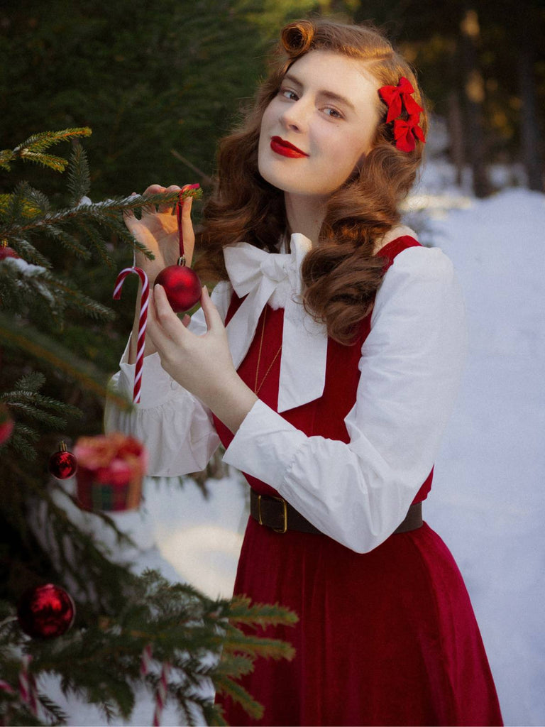 Rot 1950er Pelzkragen Patchwork Samt Kleid