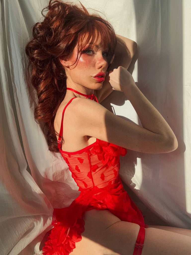 Rot 1960er Herz Netz Blumen Rand Nachthemd