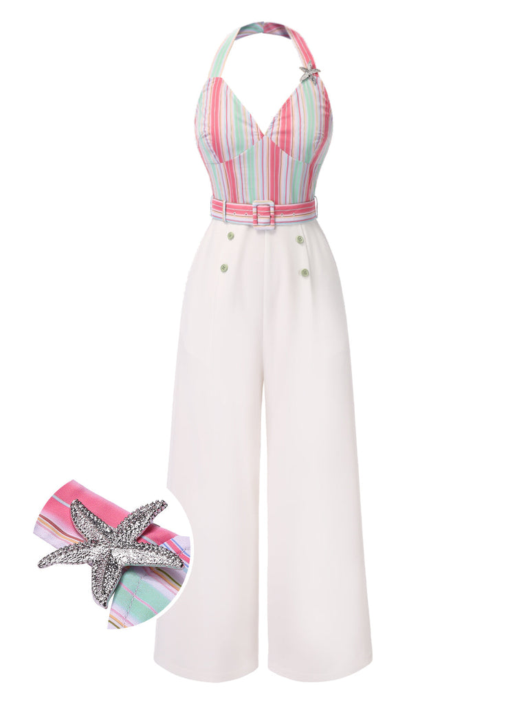 1950er Halter Starfish Bunt Streifen Gürtel Jumpsuit