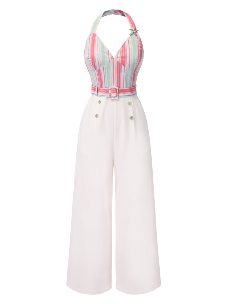 1950er Halter Starfish Bunt Streifen Gürtel Jumpsuit