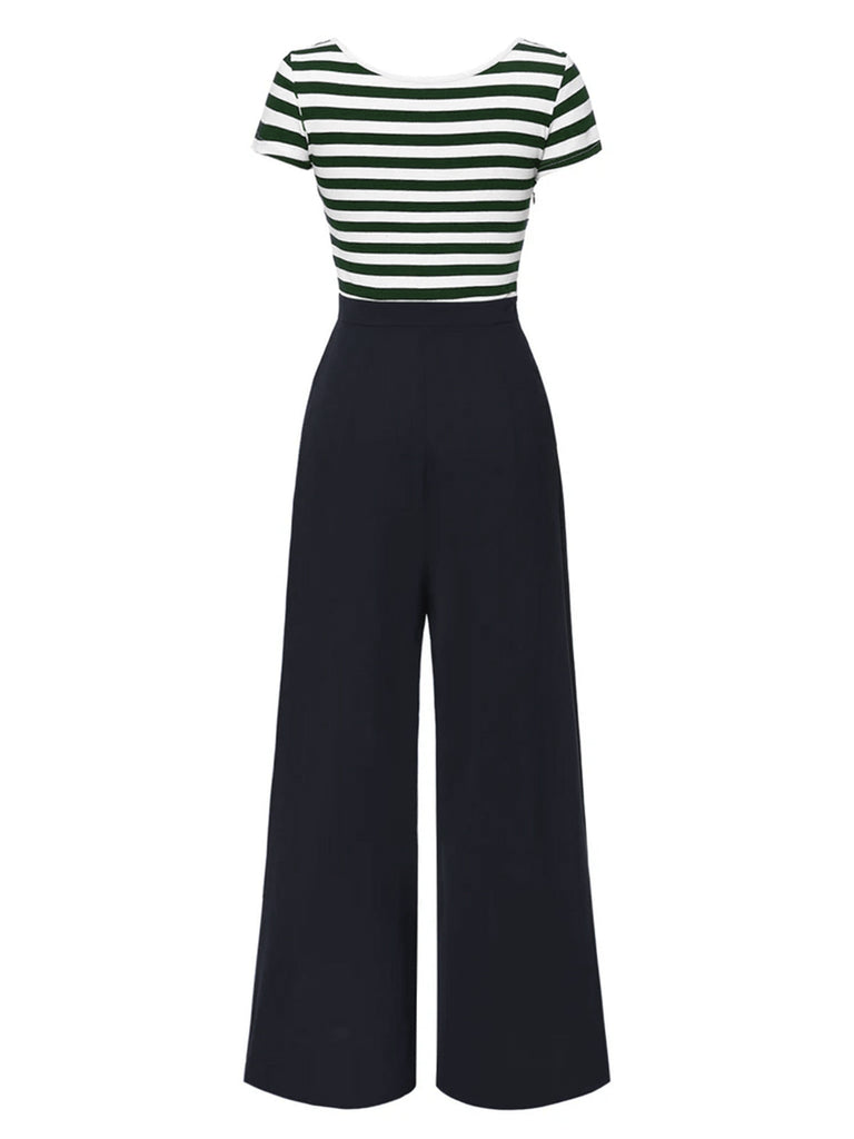 Blau 1950er Hohl Bogen Streifen Patchwork Jumpsuit