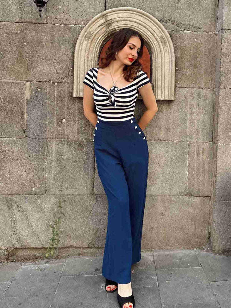 Blau 1950er Hohl Bogen Streifen Patchwork Jumpsuit