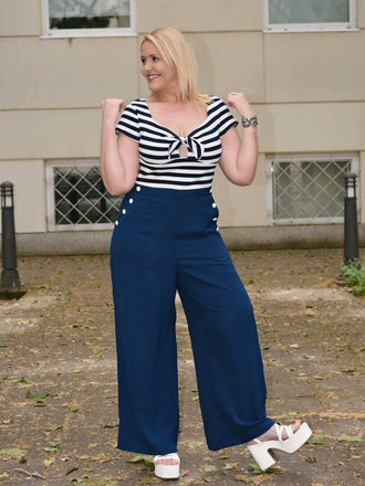 Blau 1950er Hohl Bogen Streifen Patchwork Jumpsuit