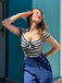 Blau 1950er Hohl Bogen Streifen Patchwork Jumpsuit