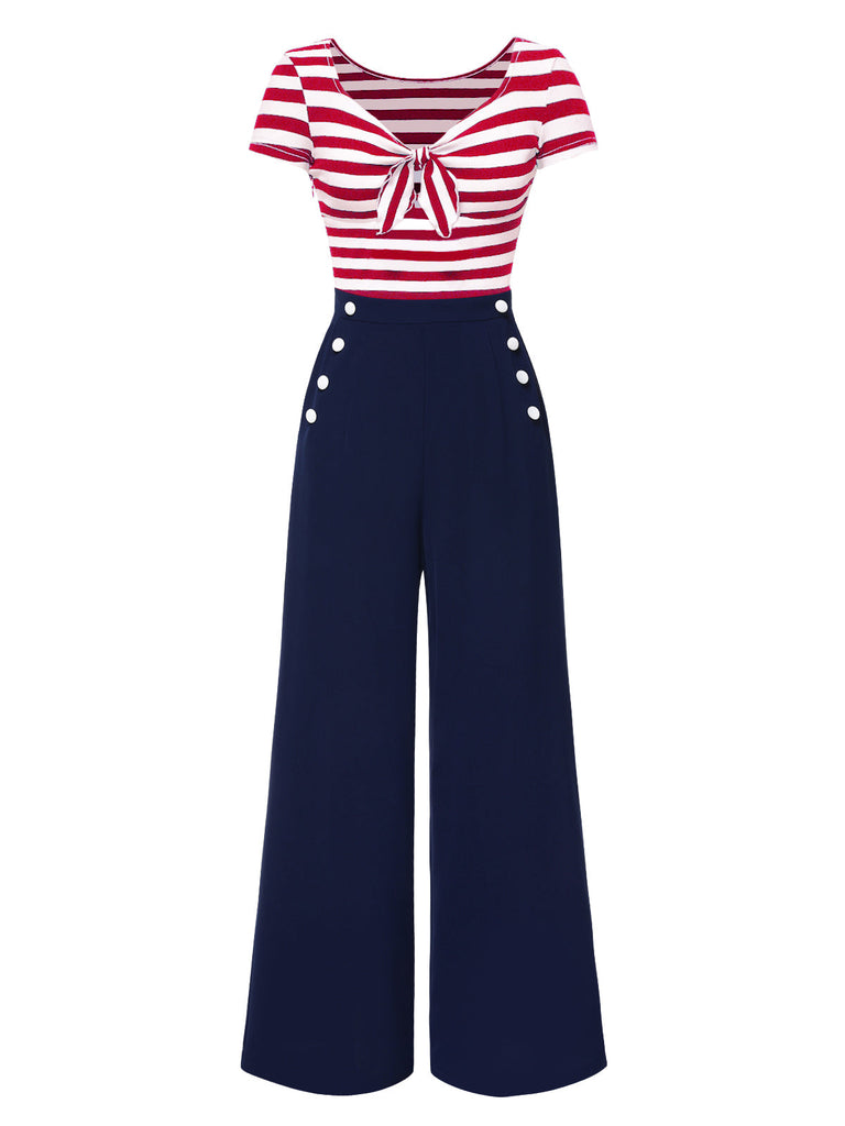 Blau 1950er Hohl Bogen Streifen Patchwork Jumpsuit