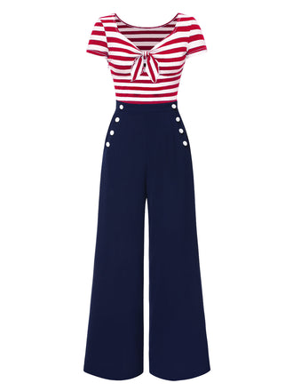 Rot 1950er Hohl Bogen Streifen Patchwork Jumpsuit