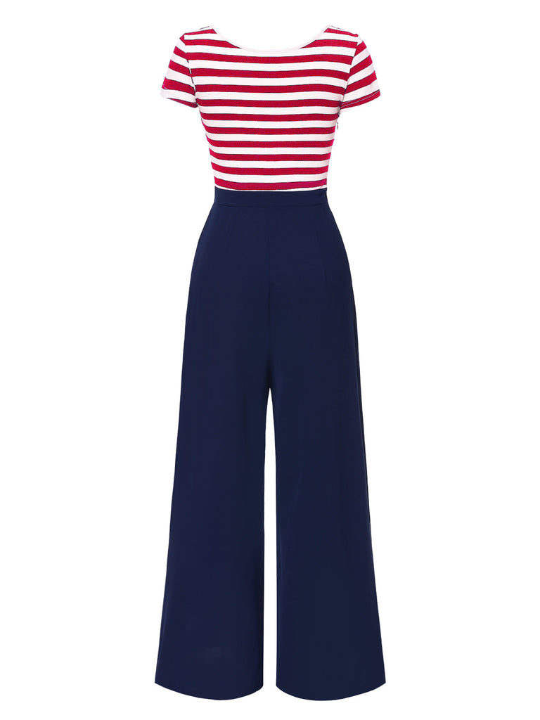 Blau 1950er Hohl Bogen Streifen Patchwork Jumpsuit
