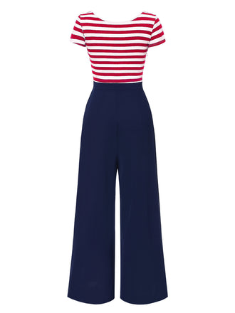 Rot 1950er Hohl Bogen Streifen Patchwork Jumpsuit