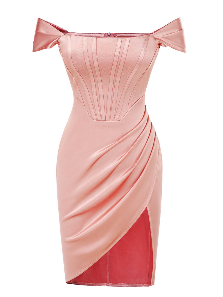 Rosa 1960er Solide Flügelärmel Satin Kleid