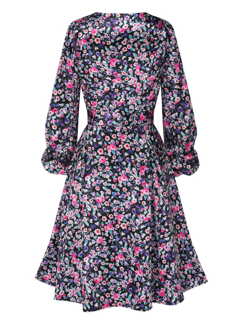 1970er Boho Stil Knöpfen Satin Puff Kleid
