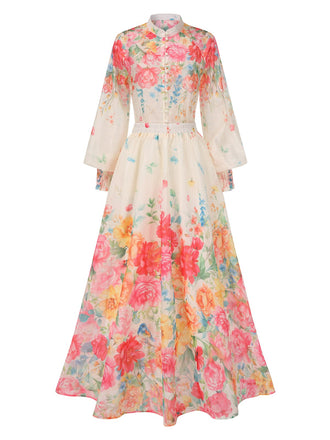 2PCS Multicolor 1950er Stehkragen Blumen Bluse & Rock