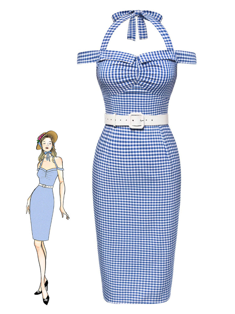 Blau 1960er Halter Eine Schulter Plaid Bleistift Kleid
