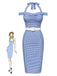 Blau 1960er Halter Eine Schulter Plaid Bleistift Kleid