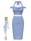 Blau 1960er Halter Eine Schulter Plaid Bleistift Kleid