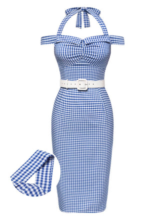 Blau 1960er Halter Eine Schulter Plaid Bleistift Kleid