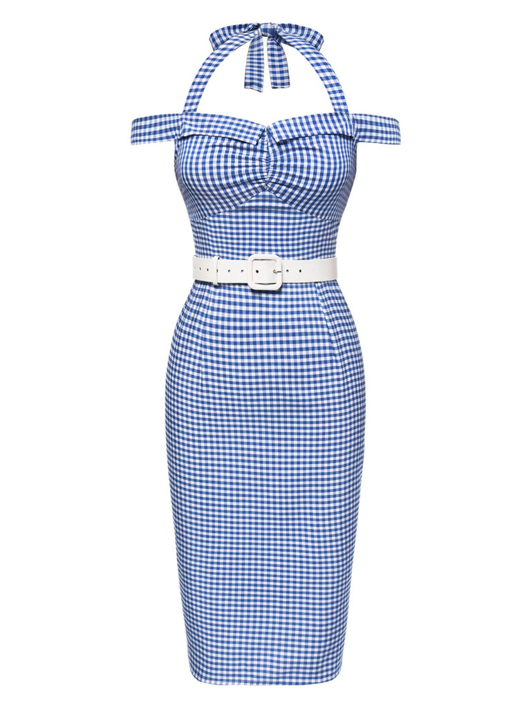 Blau 1960er Halter Eine Schulter Plaid Bleistift Kleid
