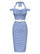Blau 1960er Halter Eine Schulter Plaid Bleistift Kleid