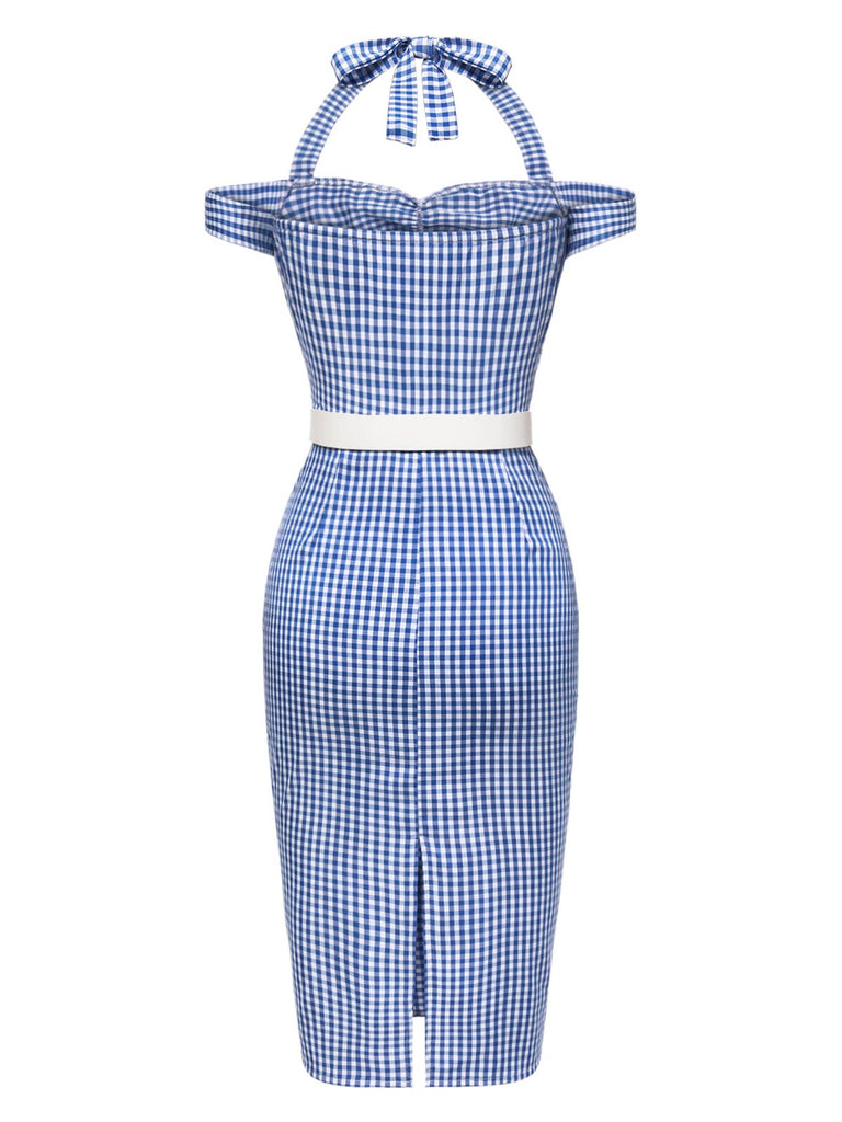 Blau 1960er Halter Eine Schulter Plaid Bleistift Kleid