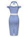 Blau 1960er Halter Eine Schulter Plaid Bleistift Kleid