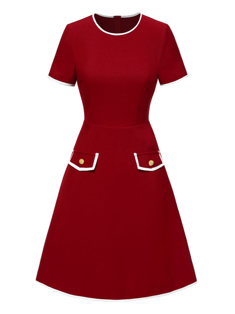 Rot 1960er Solide Tasche Kleid