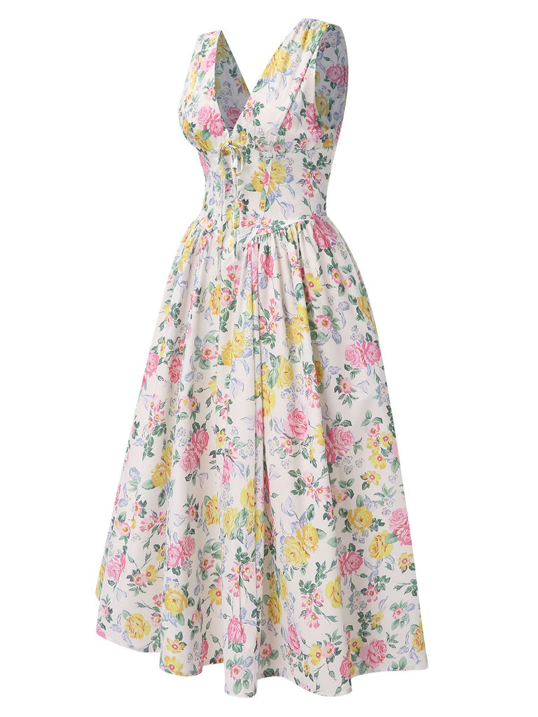 Multicolor 1950er Tief V-Ausschnitt Antiquität Blumen Kleid